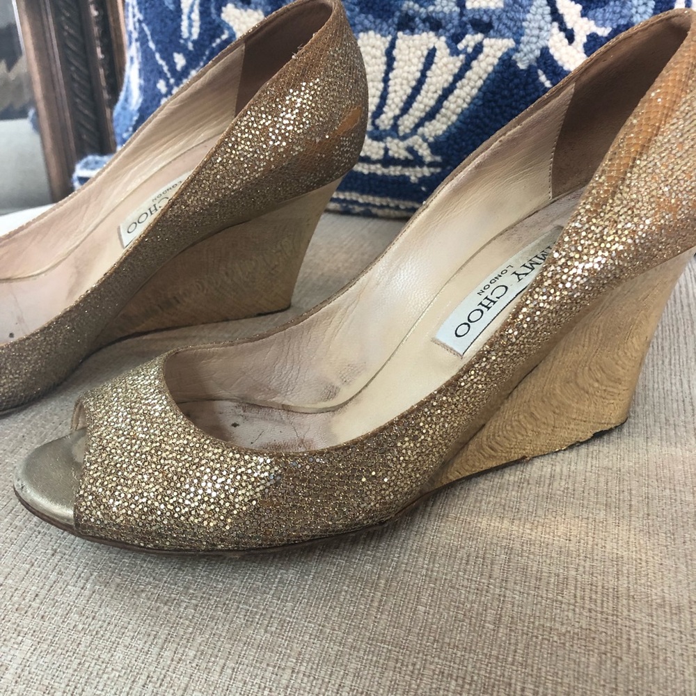 Jimmy Choo gold sparkly wedges, size 39.